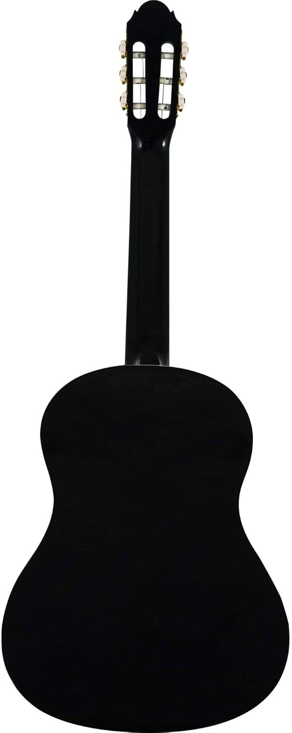 Parte traseira do violão Harmonics GC-10BK Nylon Preto com Verniz Brilhante, destacando corpo liso e arredondado.