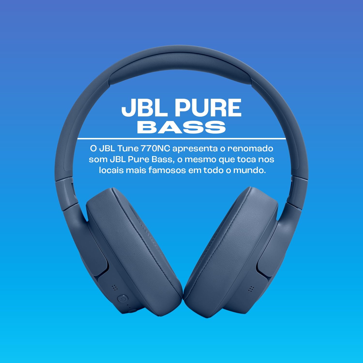 Fone JBL Tune 770NC com som JBL Pure Bass em fundo azul