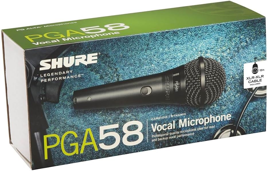 Embalagem do microfone vocal dinâmico Shure PGA58 com cabo XLR incluso