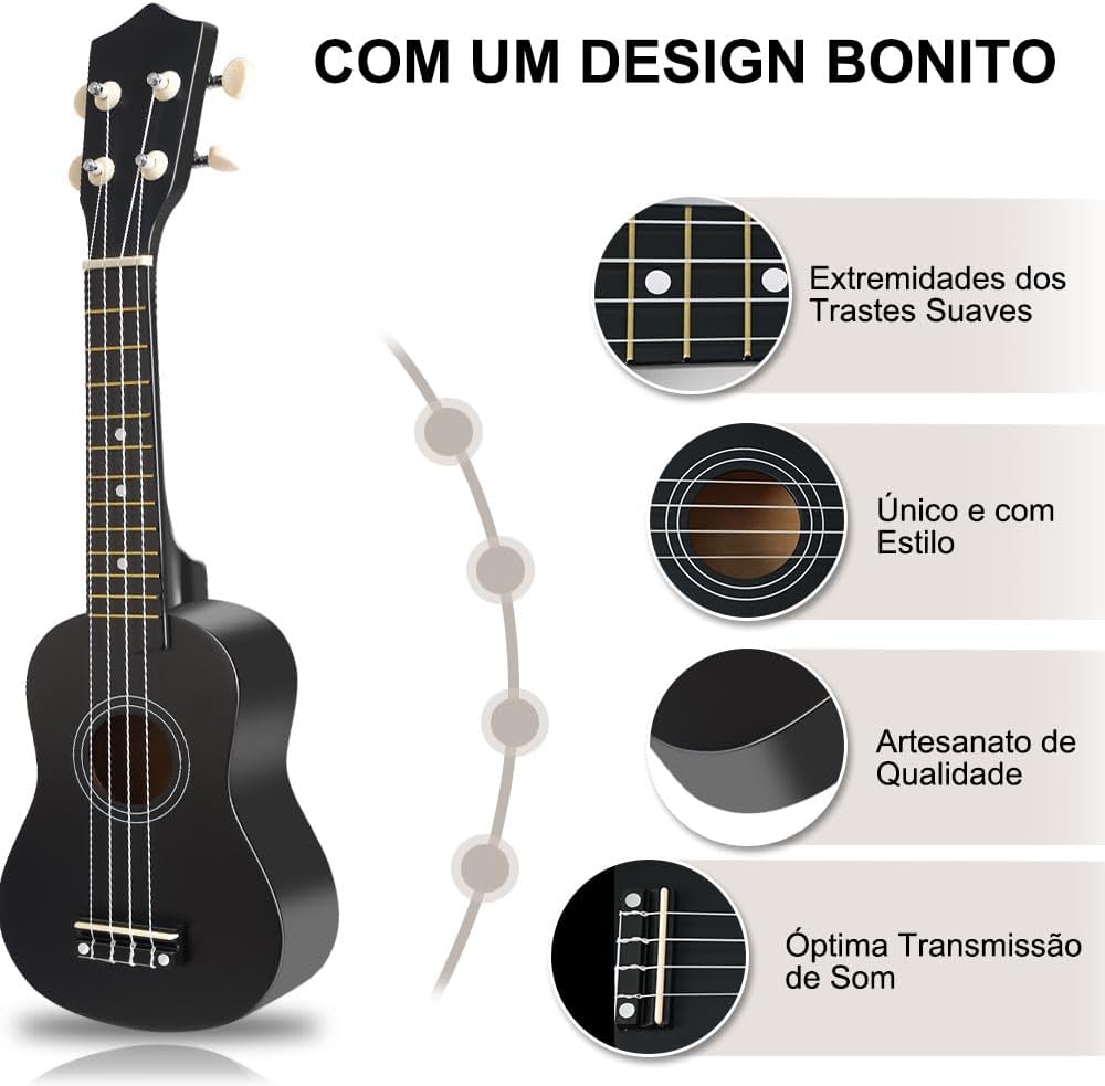 Design e qualidade do ukulele Daboza 21 polegadas acústico soprano preto