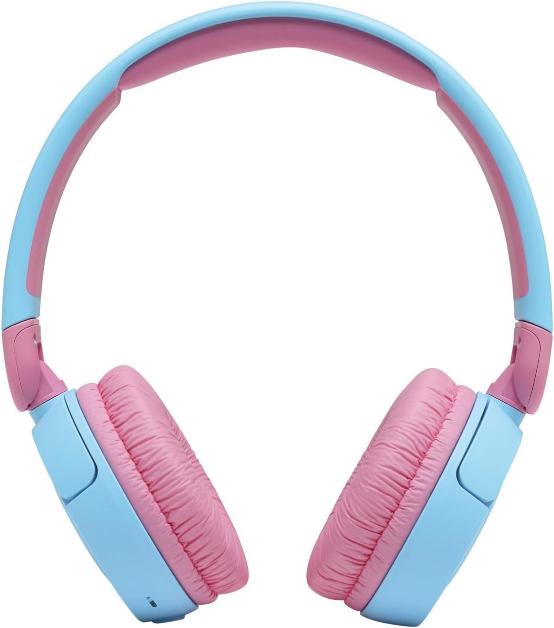 Fone de ouvido infantil JBL JR310BT azul claro e rosa, vista lateral, Bluetooth e limite de volume