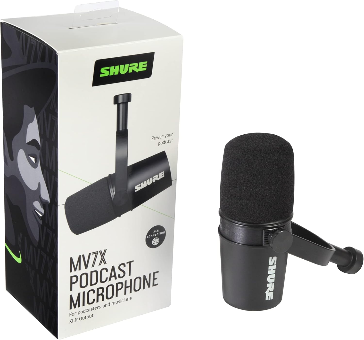 Microfone Shure MV7X com caixa branca mostrando conexão XLR para podcast