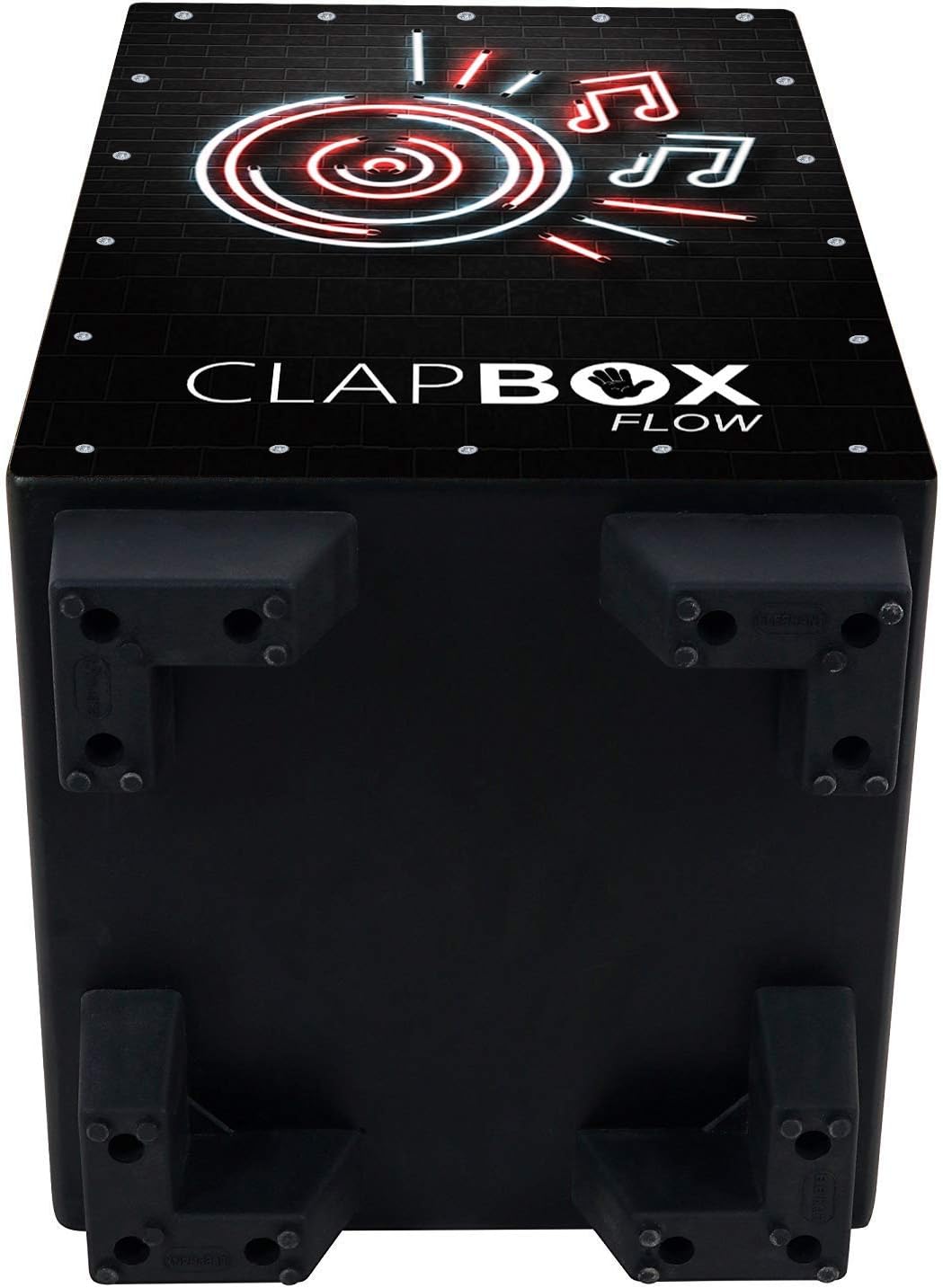 Topo e frente do cajon preto Clapbox Flow com design gráfico em néon vermelho e branco