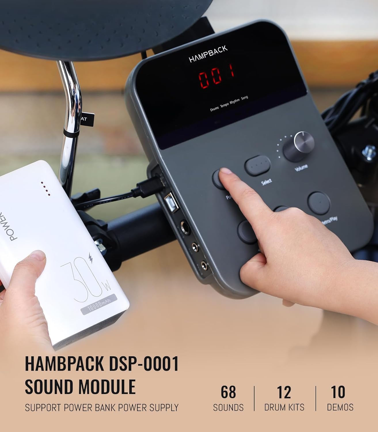 Módulo de som HAMPBACK DSP-0001 com display digital e suporte a power bank para bateria eletrônica.