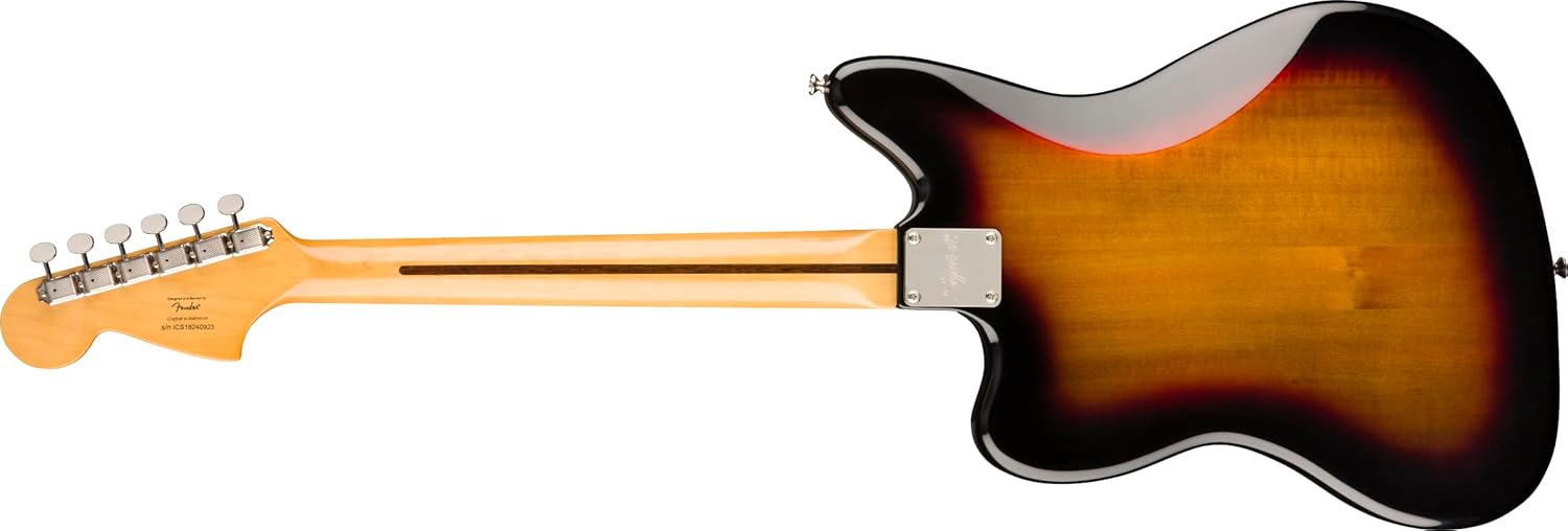 Verso da guitarra Squier Classic Vibe '70s Jaguar com acabamento sunburst e braço claro com tarraxas metálicas.