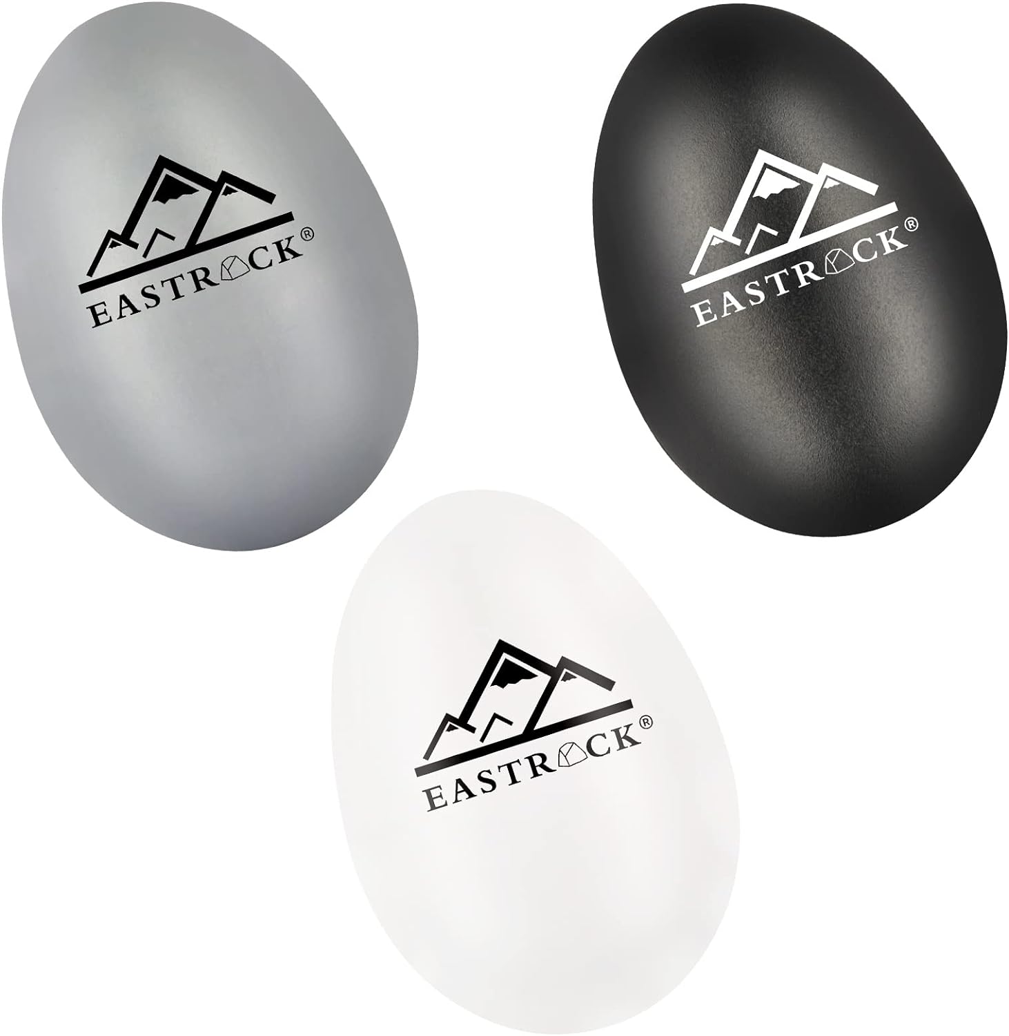 Três coqueteleiras EastRock para percussão, em ABS nas cores cinza, preto e branco com logo.