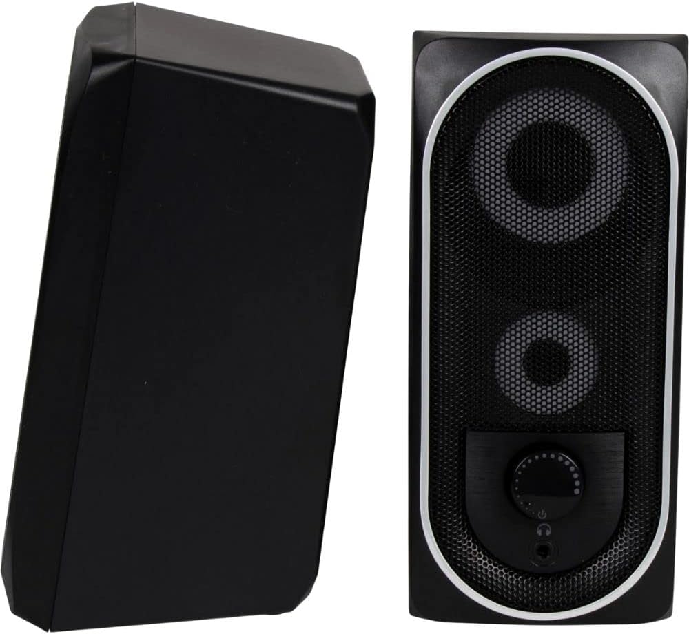 Caixas de som Fortrek Black Hawk pretas com grade preta, borda branca, controle de volume frontal e entrada para fone.