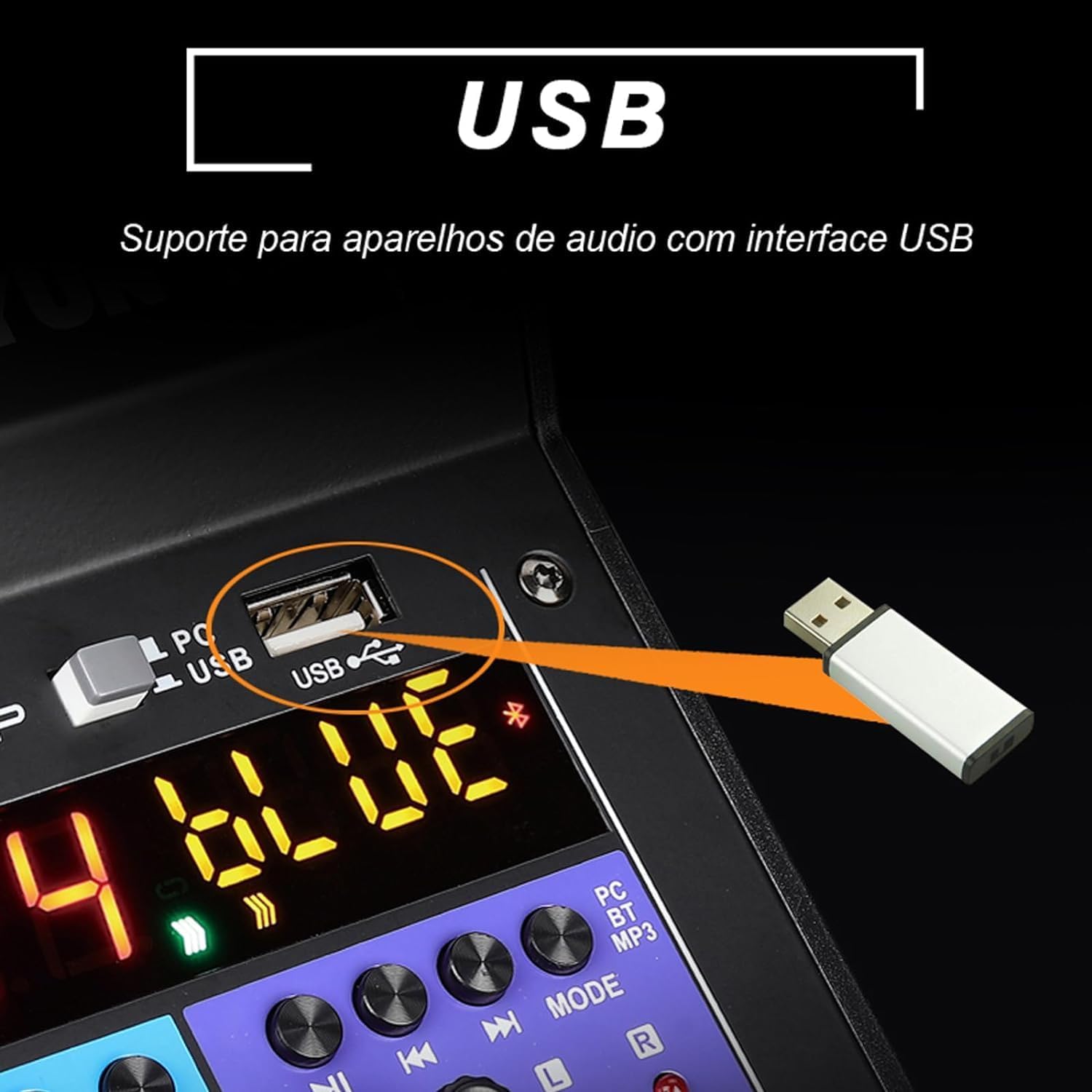 Mesa de som TEYUN A6 com porta USB para dispositivos de áudio e suporte a reprodução USB.