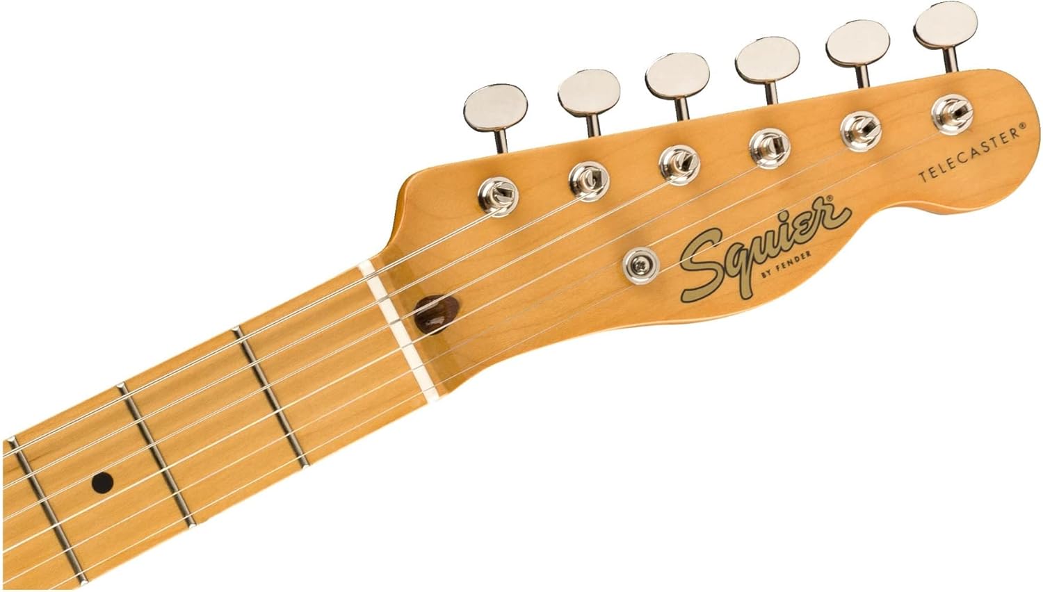 Cabeça da guitarra Squier Classic Vibe '50s maple com tarraxas cromadas e logo Squier Telecaster.