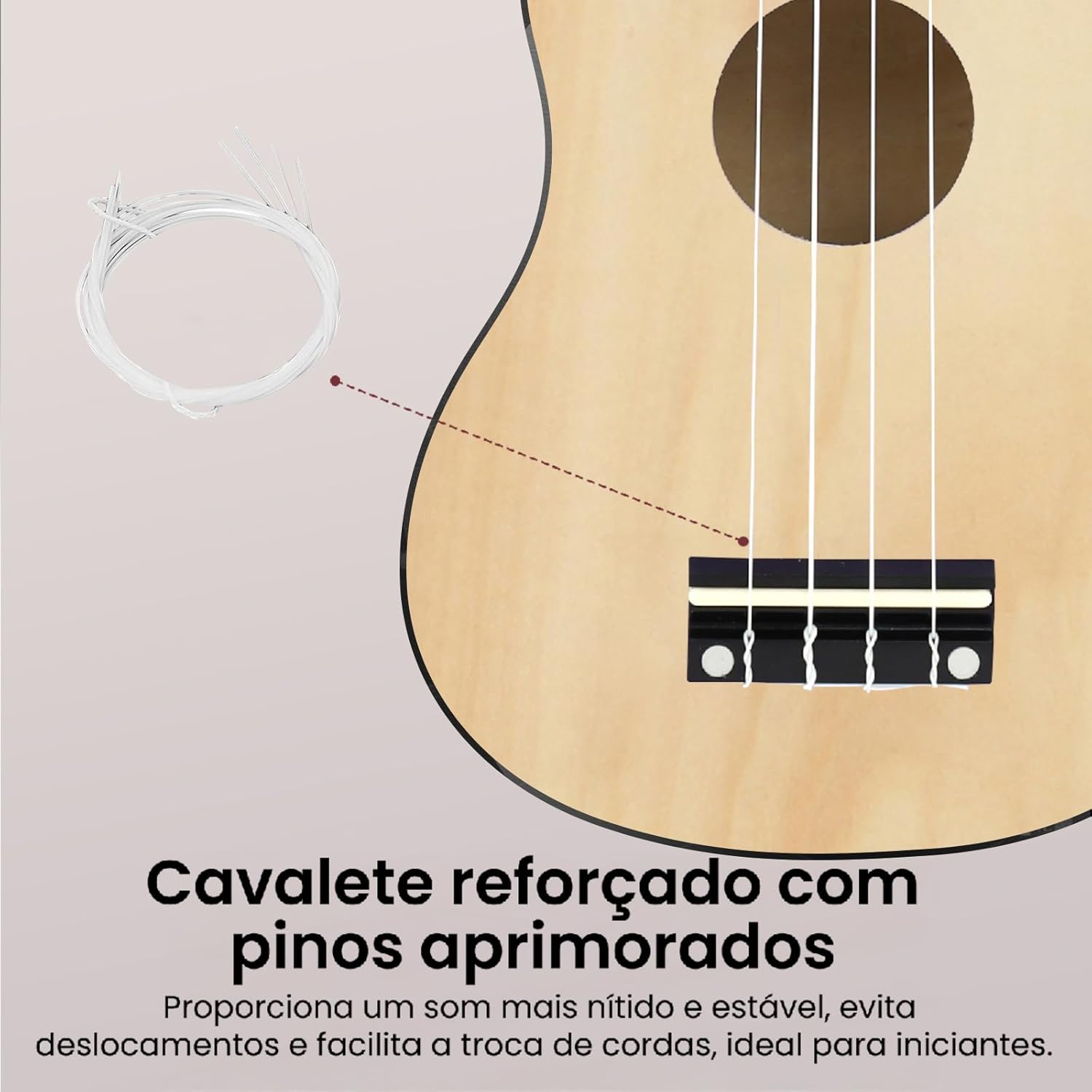 Cavalete reforçado do ukulele ANVAR UK10 com pinos aprimorados para som estável e troca facilitada de cordas.