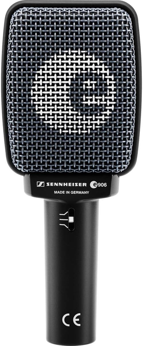 Microfone Sennheiser E906 dinâmico com controle de tom e logotipo, preto com grade metálica prateada
