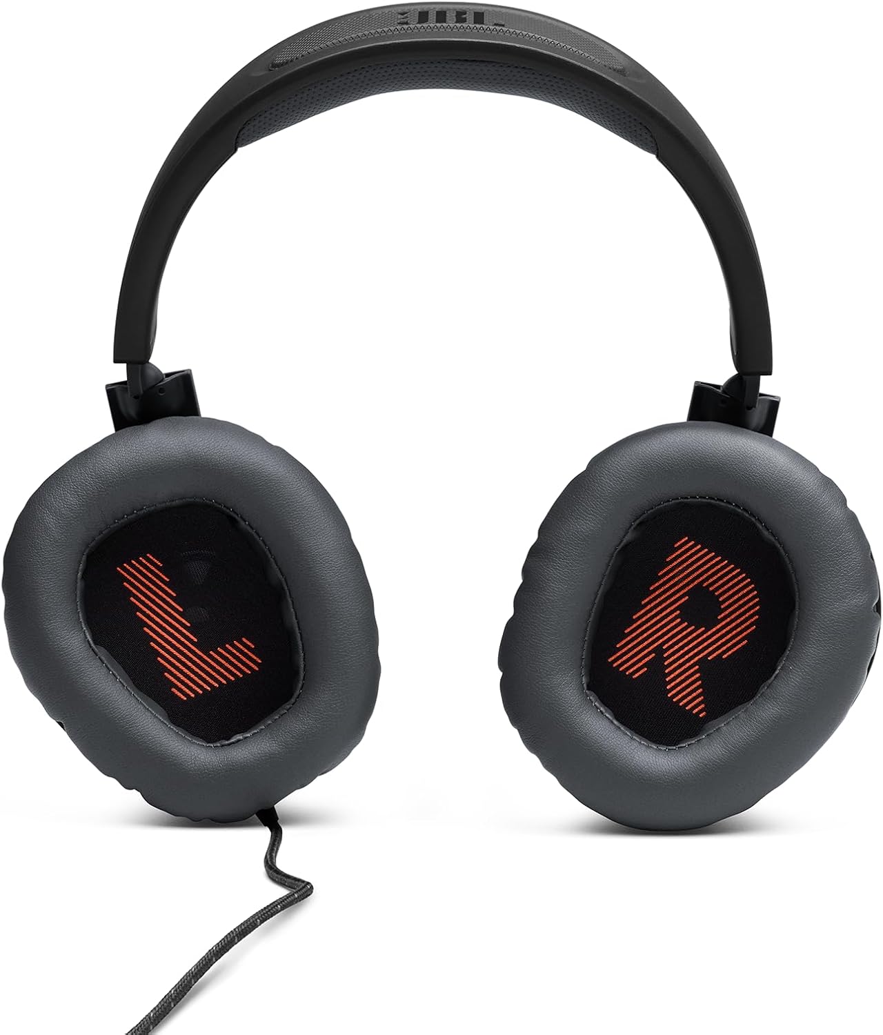 Detalhe interno das conchas acolchoadas do headset JBL Quantum 100 preto com indicação dos lados esquerdo e direito
