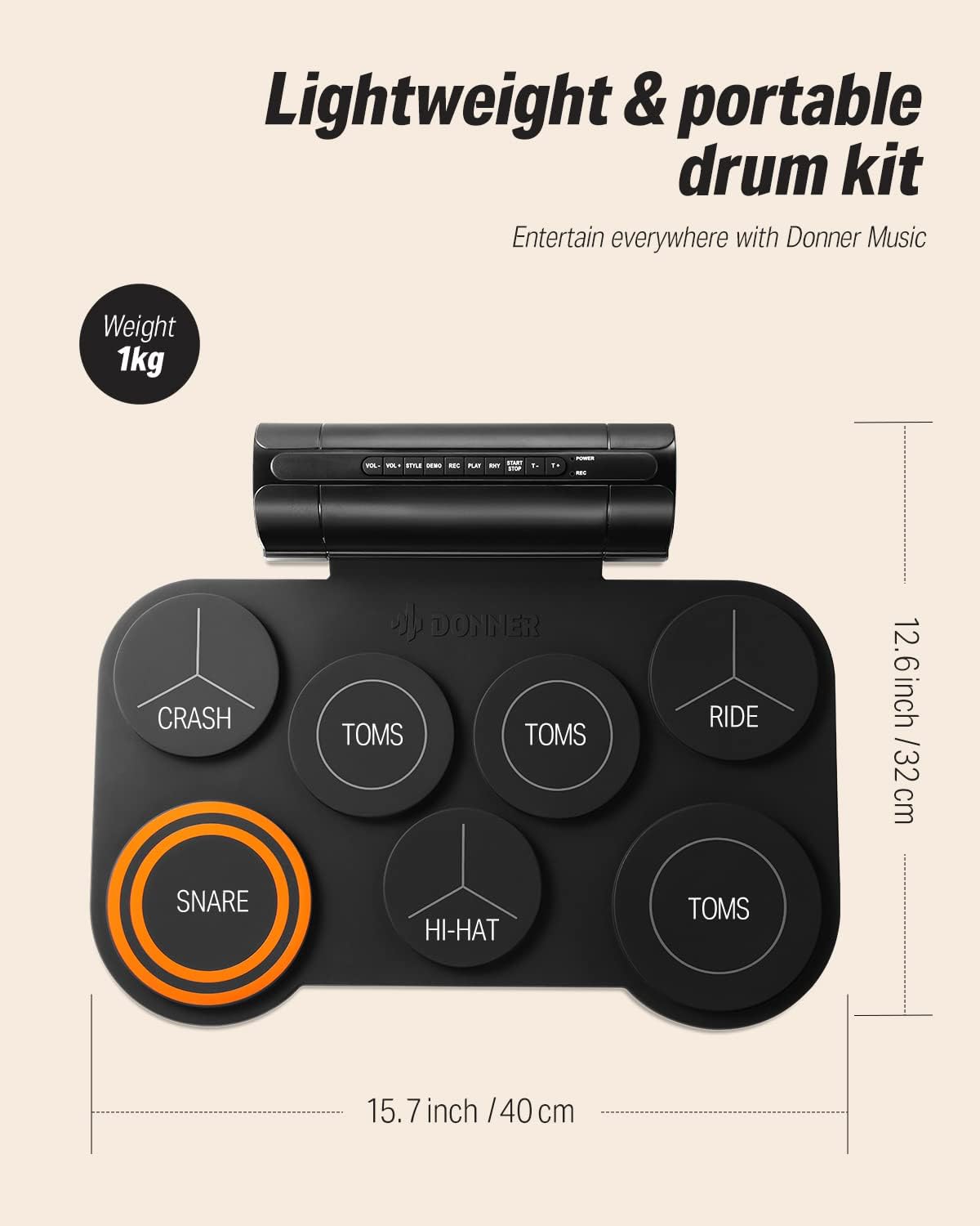 Bateria Donner DED-20 com 7 pads rotulados, kit portátil e leve de 1kg e dimensões 40x32cm.