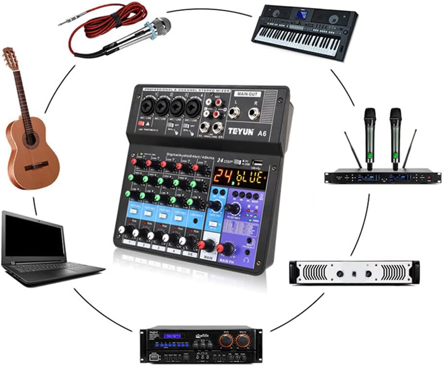 Mixer TEYUN A6 com conexões para guitarra, laptop, teclado, microfone e amplificador