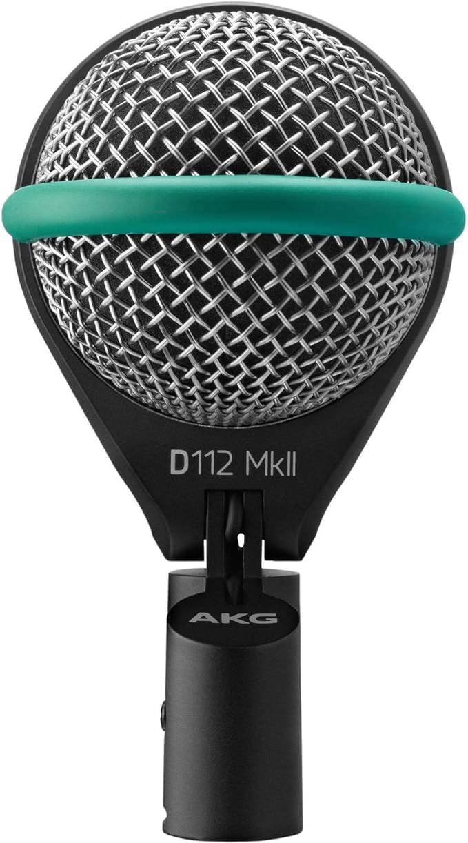 Microfone AKG D112 MKII preto para instrumentos graves visto de frente com detalhes verdes e logo AKG