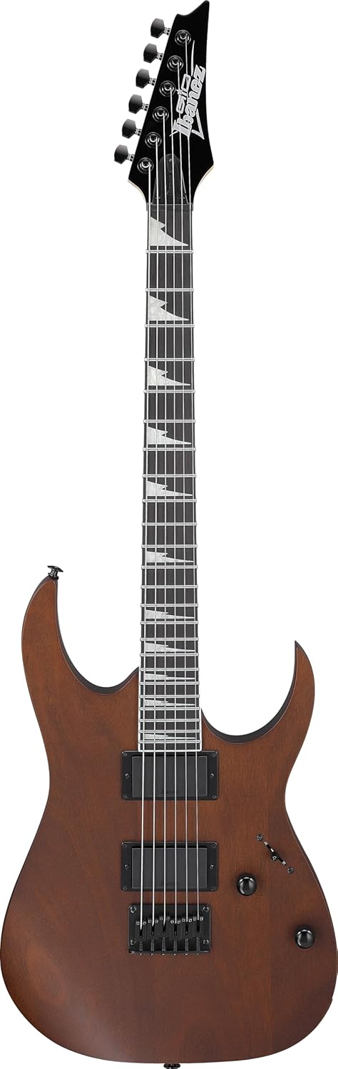 Guitarra elétrica Ibanez Gio GRG 121DX com corpo em Okoume acabamento Walnut Flat, captadores humbucker e braço preto.