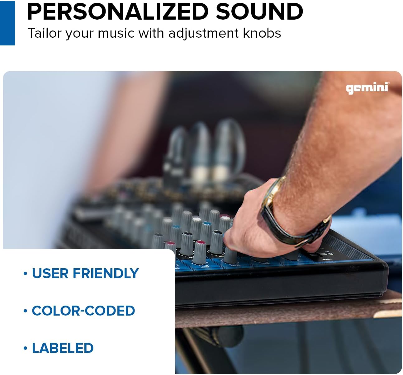 Mixer Gemini Sound GEM-08USB com botões codificados por cores para fácil ajuste de áudio.