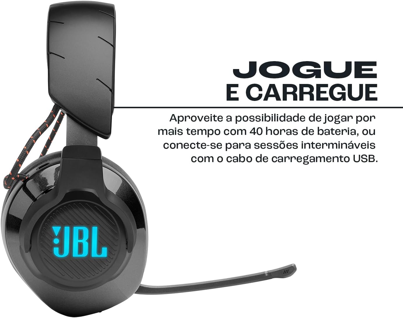 Headset gamer JBL Quantum 610 preto lateral com texto bateria 40 horas e carregamento USB
