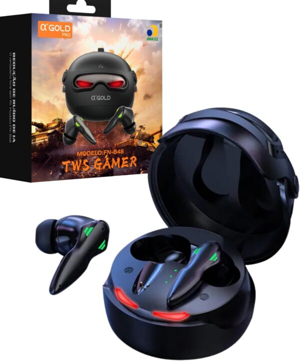 Fone de ouvido Bluetooth gamer A'Gold FN-B48 TWS com estojo e embalagem.