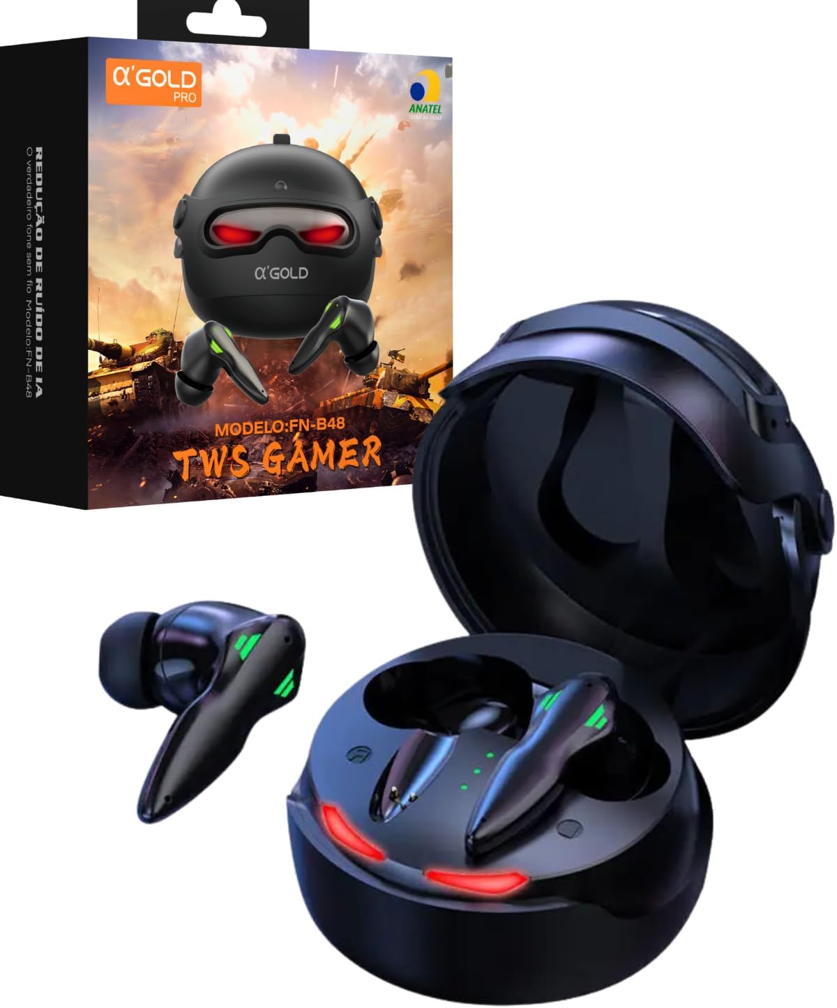 Fone de ouvido Bluetooth gamer A'Gold FN-B48 TWS com estojo e embalagem.