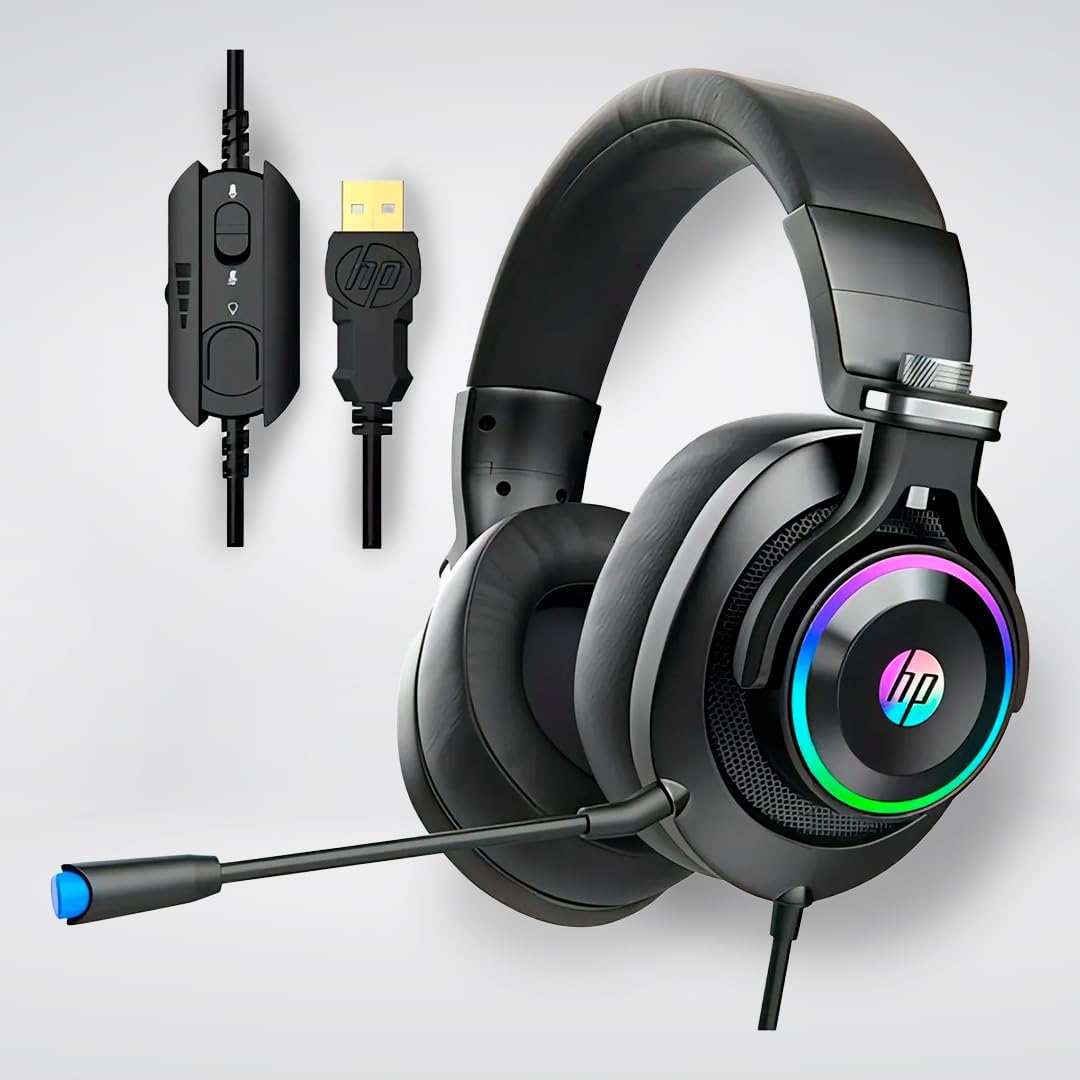 Headset Gamer HP H500GS preto com controle de volume e iluminação RGB