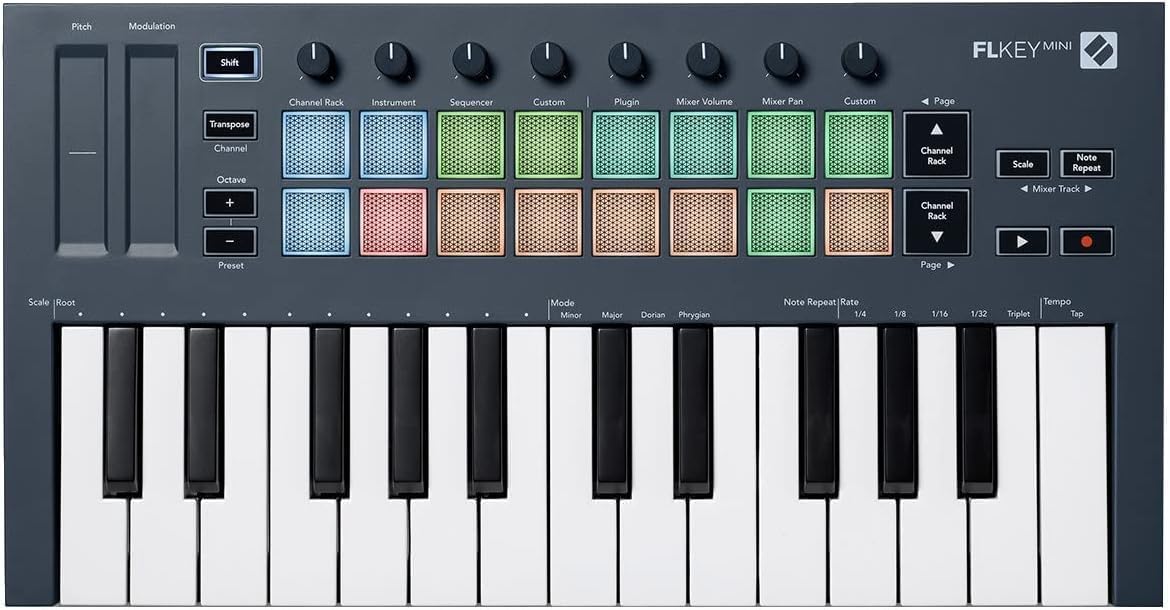 Novation FLKey Mini teclado MIDI compacto com 25 mini teclas e pads iluminados coloridos