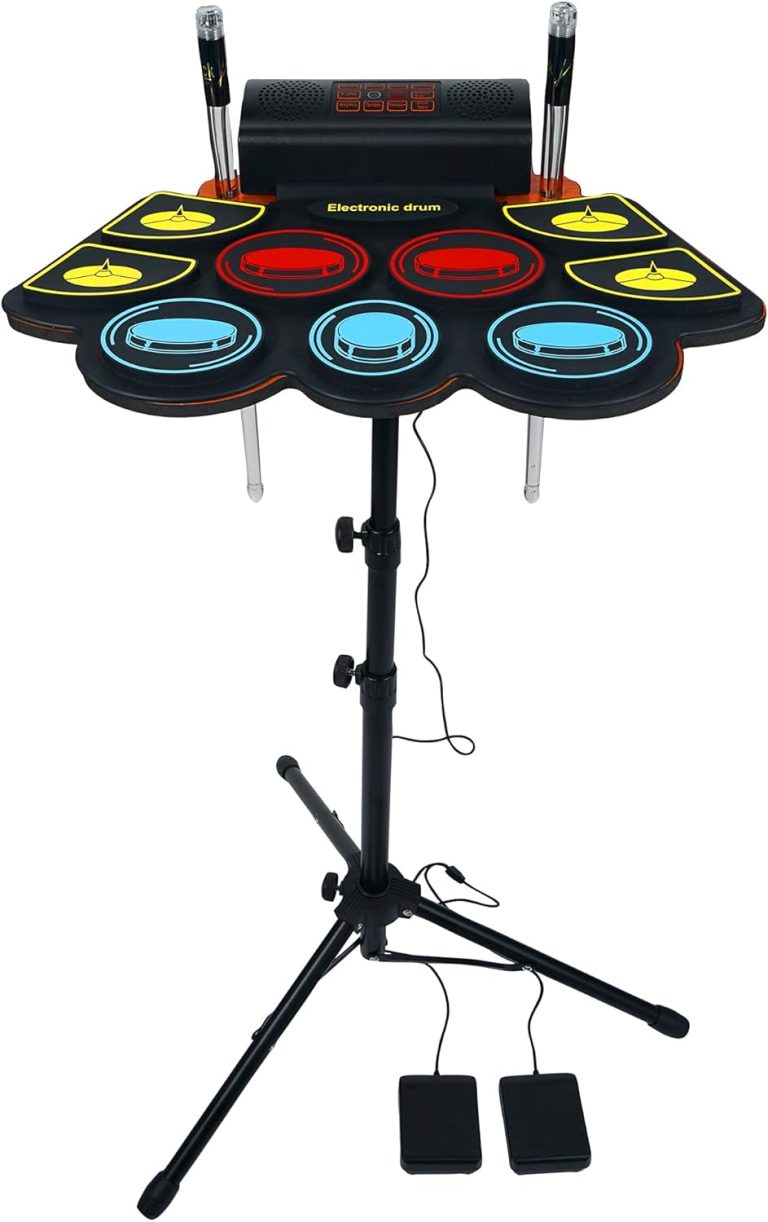 Conjunto de bateria eletrônica Vhffoso com 9 pads coloridos, pedais e caixa de controle embutida.