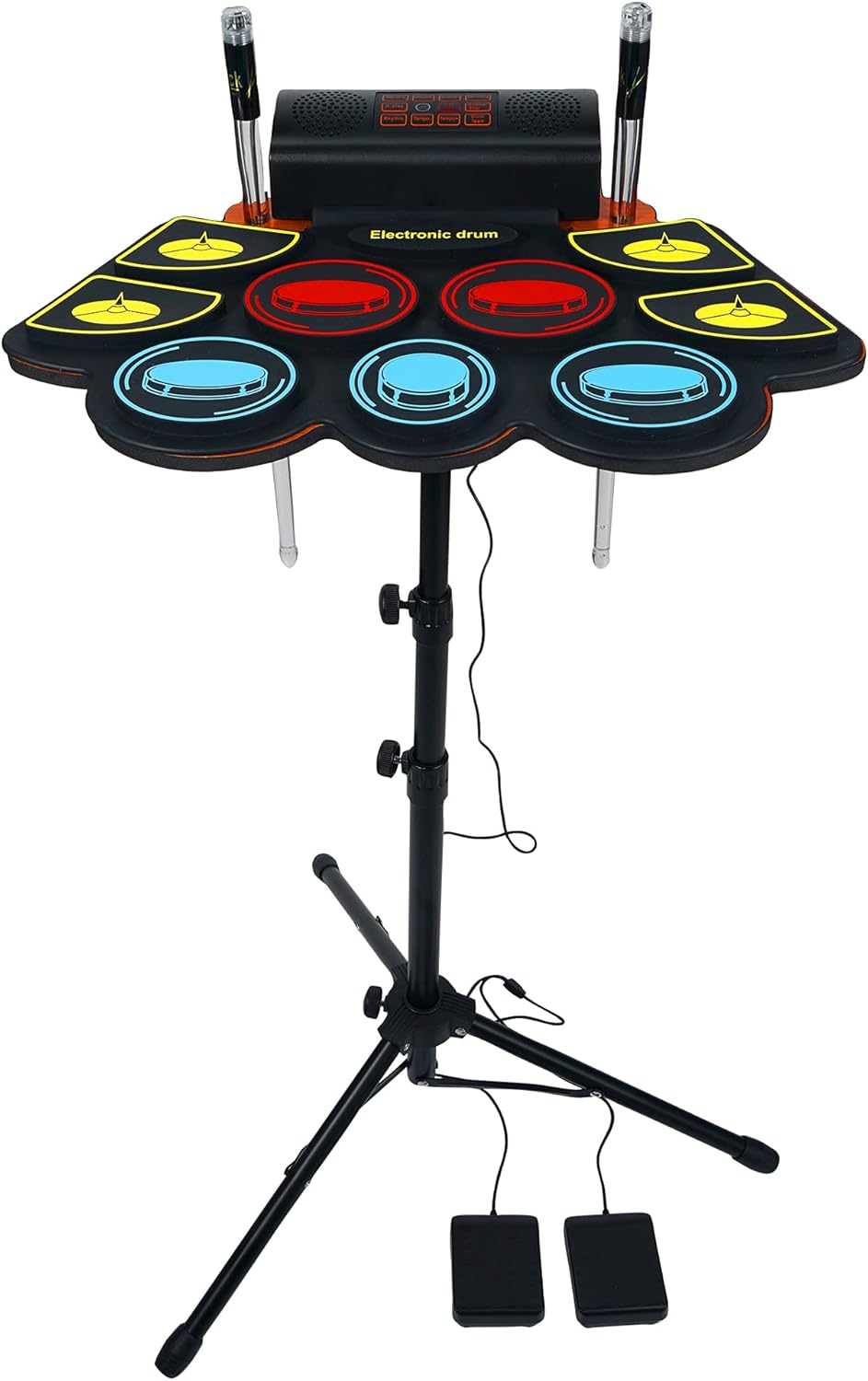 Conjunto de bateria eletrônica Vhffoso com 9 pads coloridos, pedais e caixa de controle embutida.
