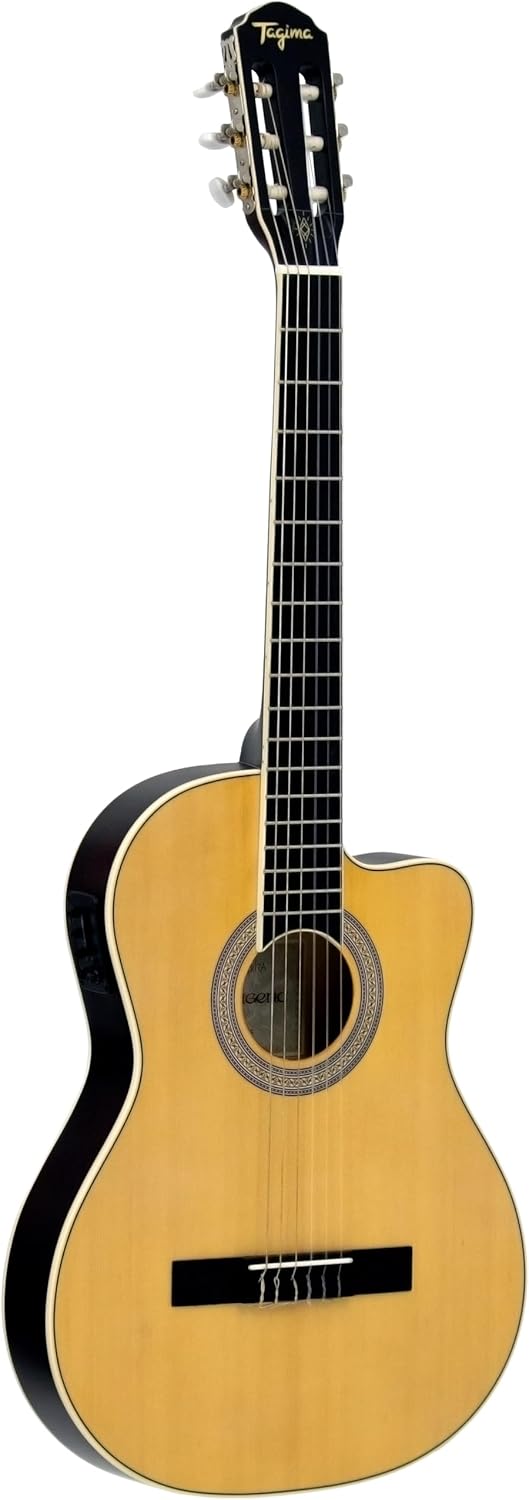 Violão clássico Tagima flat cutaway com tampo em spruce, cordas de nylon e acabamento em agathis, ideal para música latina.