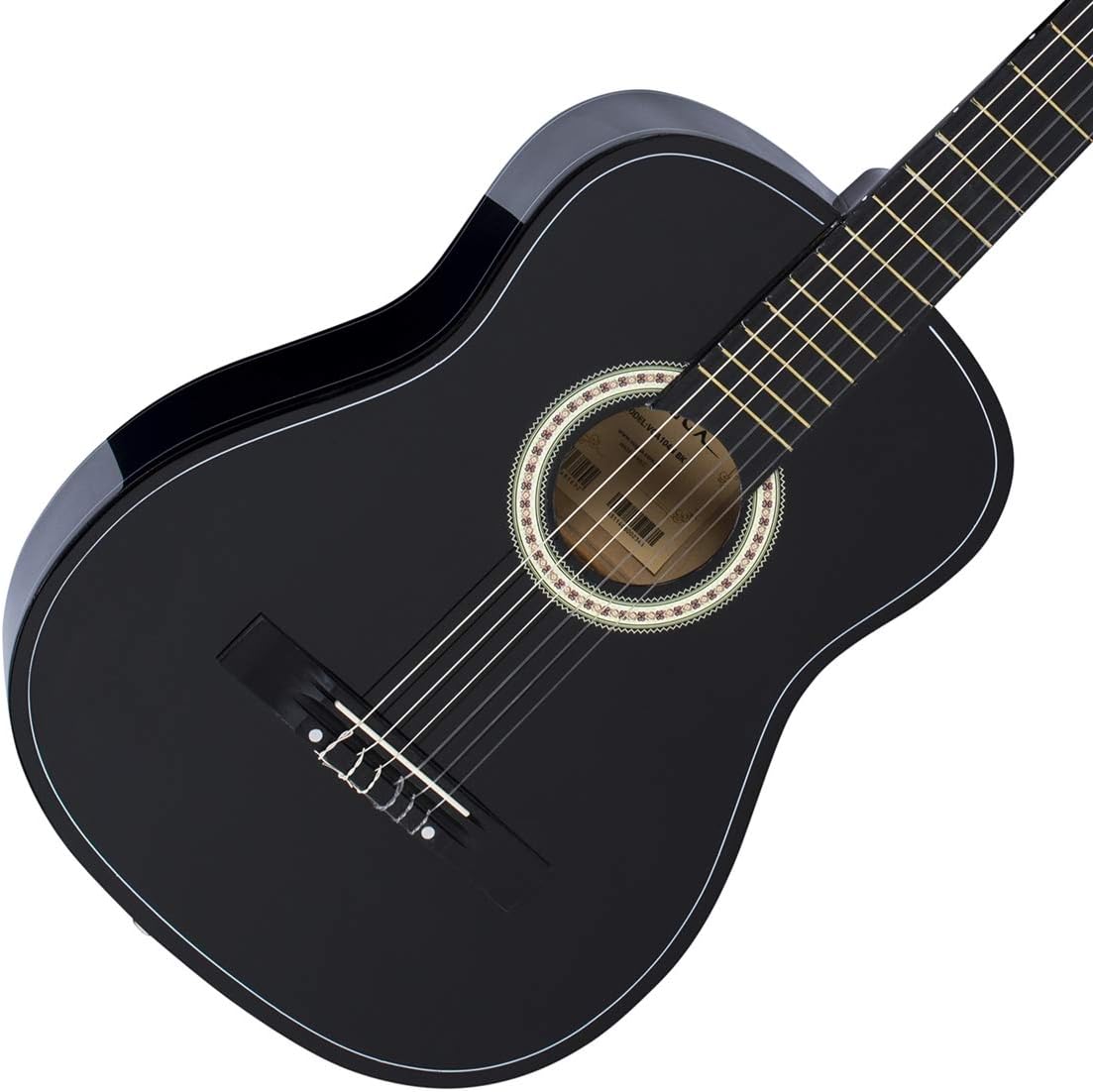 Close frontal do violão clássico Vogga VCA104N BK preto 38 polegadas com detalhes decorativos na boca.