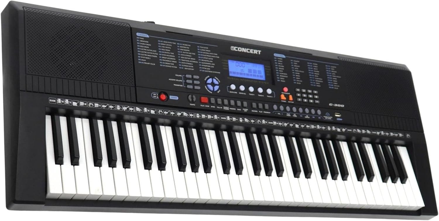 Teclado musical preto Concert C-300 com 61 teclas e conectividade USB