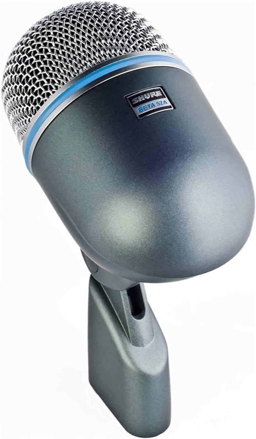 Microfone Shure BETA 52A dinâmico supercardióide para bateria com corpo cinza metálico e grade metálica prateada.