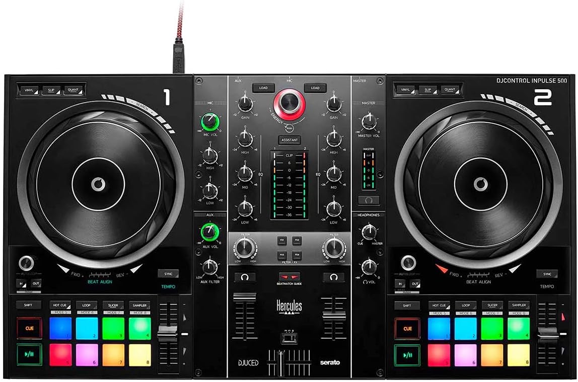 Controlador Hercules DJ Control Inpulse 500 com 2 decks, botões coloridos RGB e níveis LED.