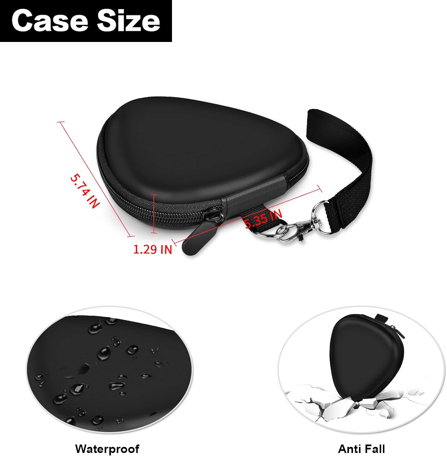 Estojo triangular preto resistente à água e a quedas com zíper forte e alça para transporte.