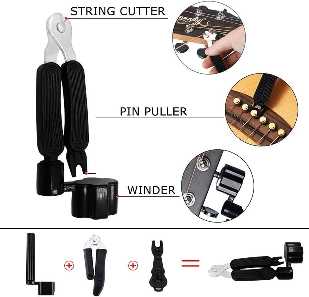 Ferramenta preta multifuncional para guitarra com cortador de cordas, removedor de pinos e enrolador de cordas.