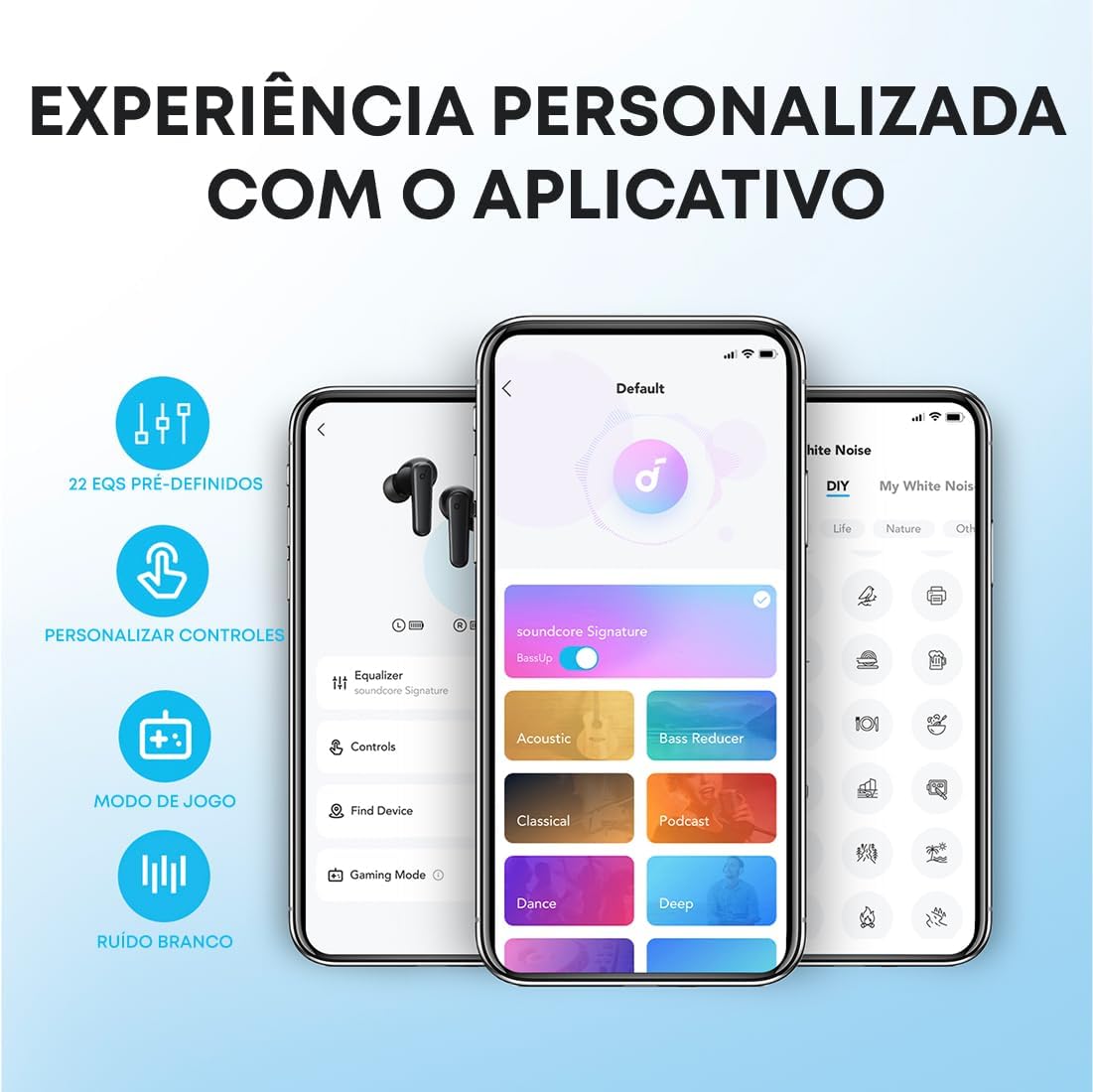 Aplicativo Soundcore com opções de equalização, controles personalizados, modo de jogo e ruído branco para fones P20i.