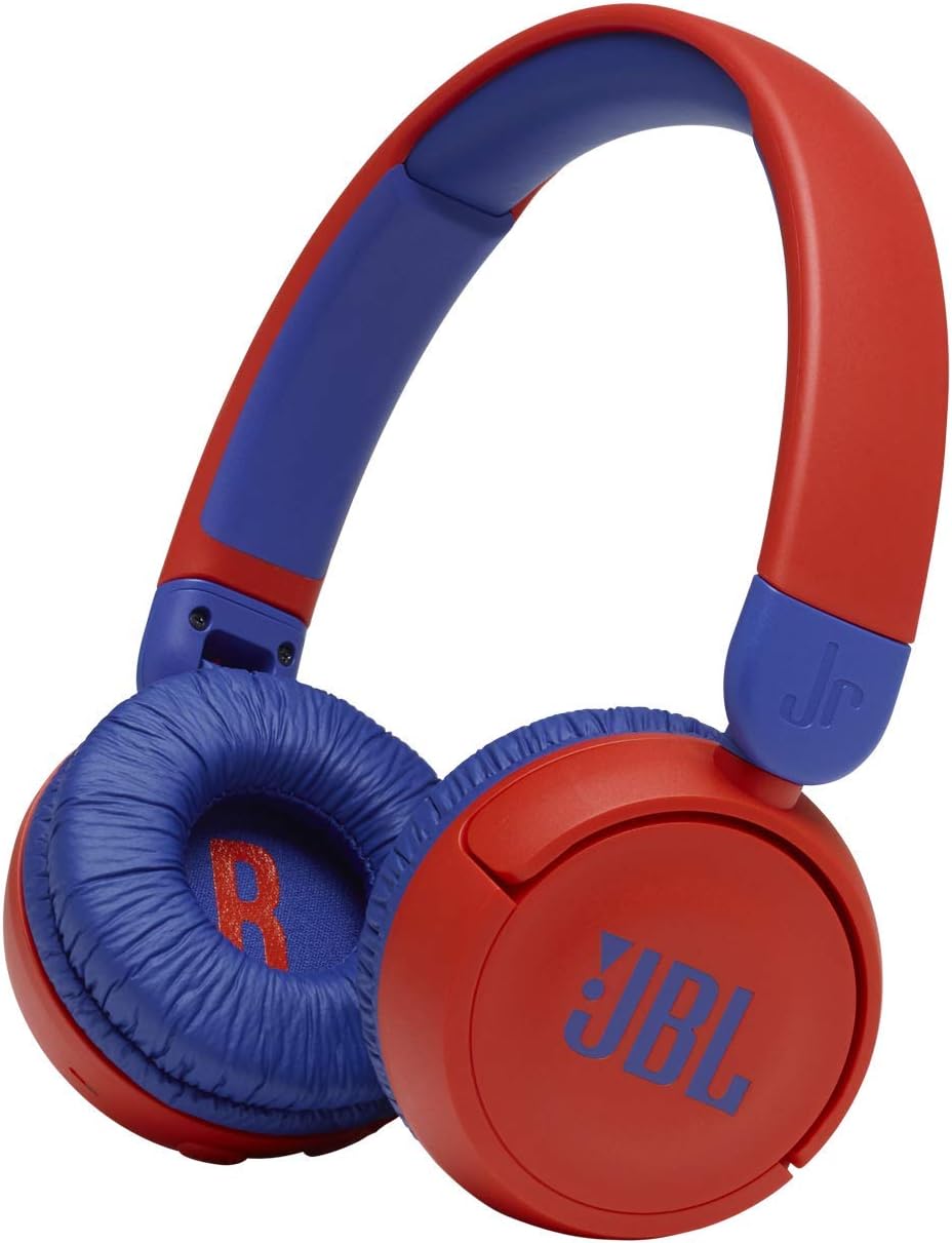 Fone de ouvido infantil JBL JR310BT Bluetooth vermelho com detalhes azuis, confortável e dobrável.