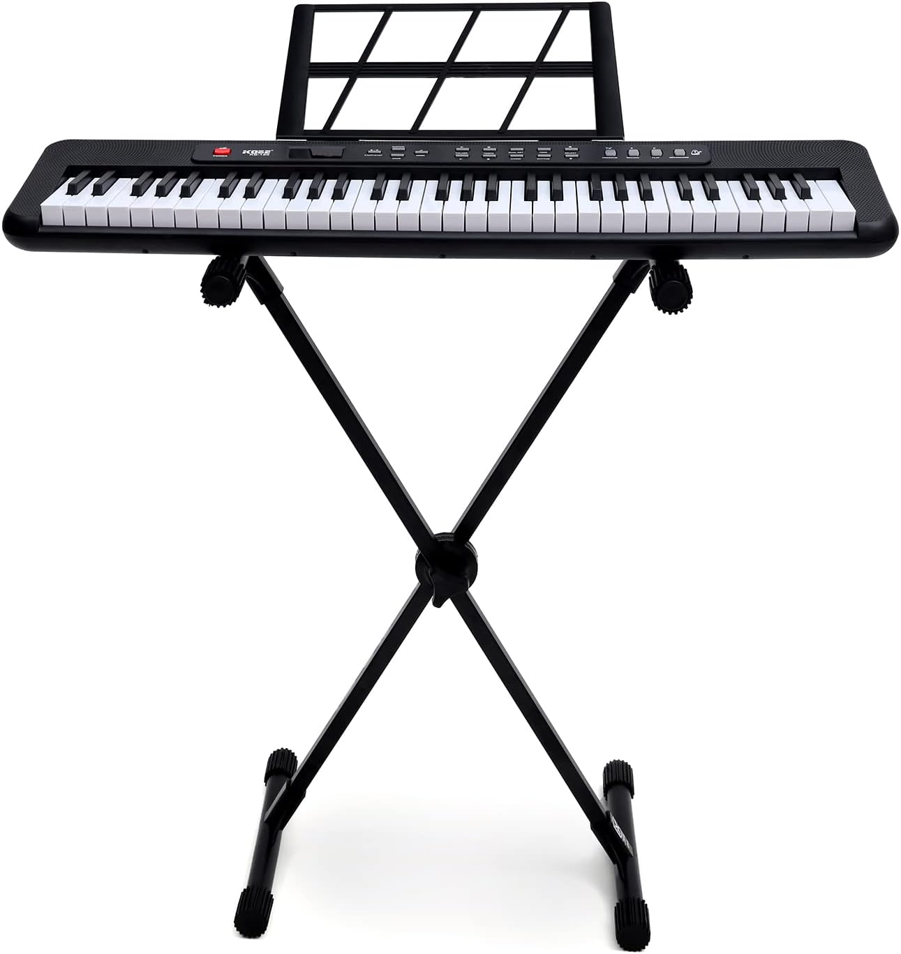 Teclado musical Kobe KB-150 preto com 61 teclas e suporte em X ajustável.