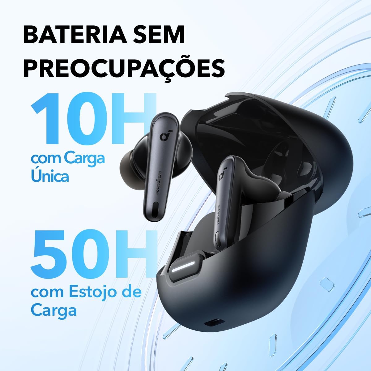 Autonomia da bateria dos fones soundcore Liberty 4 NC: 10 horas de uso e 50 horas com estojo de carga