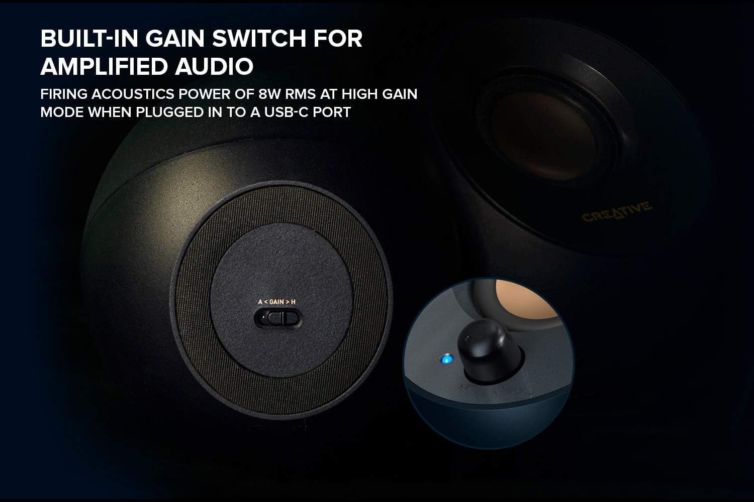 Chave seletora de ganho para áudio amplificado nas caixas Creative Labs Pebble V2 com potência até 8W RMS