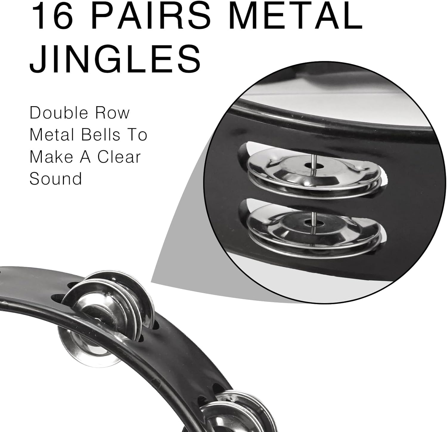 Detalhe dos 16 pares de jingles metálicos duplos da pandeireta preta meia lua Soulmate