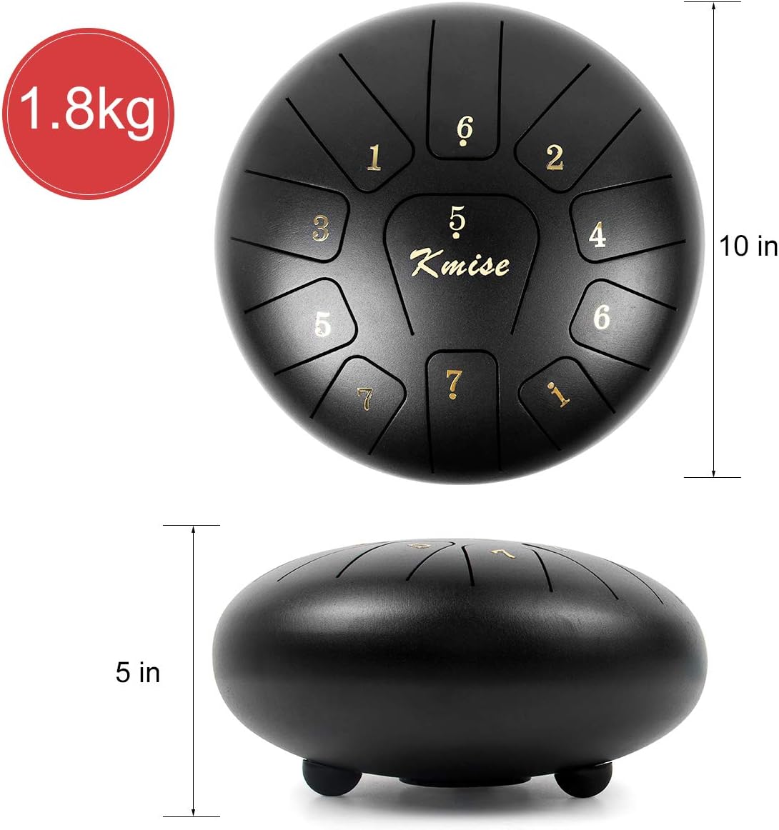 Dimensões do tambor de língua de aço Kmise MI3035: 10 polegadas de diâmetro, 5 polegadas de altura e peso de 1,8 kg