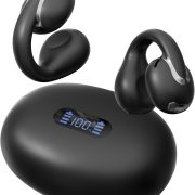 Fones de ouvido IAMJOY Ear Clip-On pretos com estojo de carregamento digital 100% bateria.