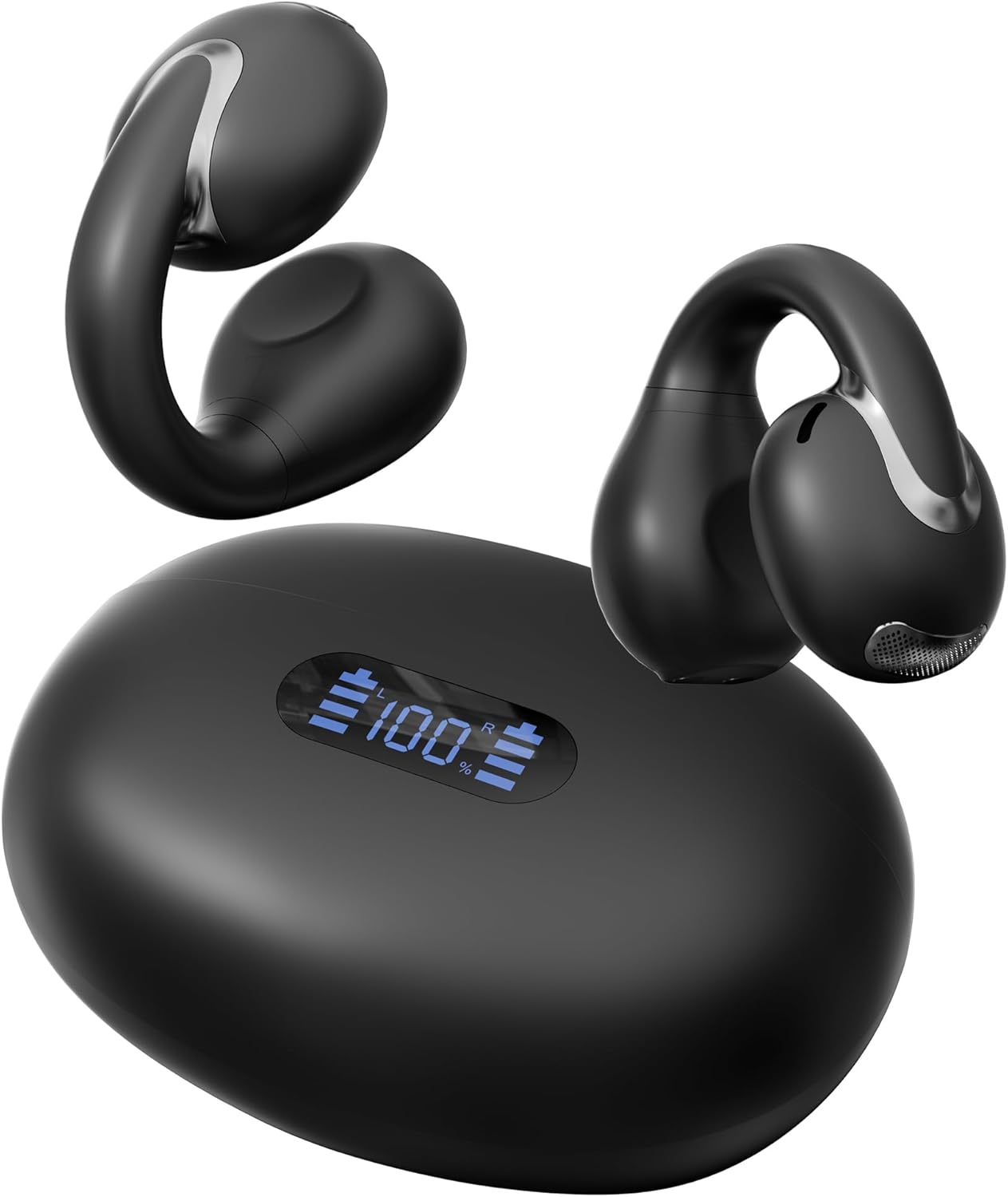 Fones de ouvido IAMJOY Ear Clip-On pretos com estojo de carregamento digital 100% bateria.