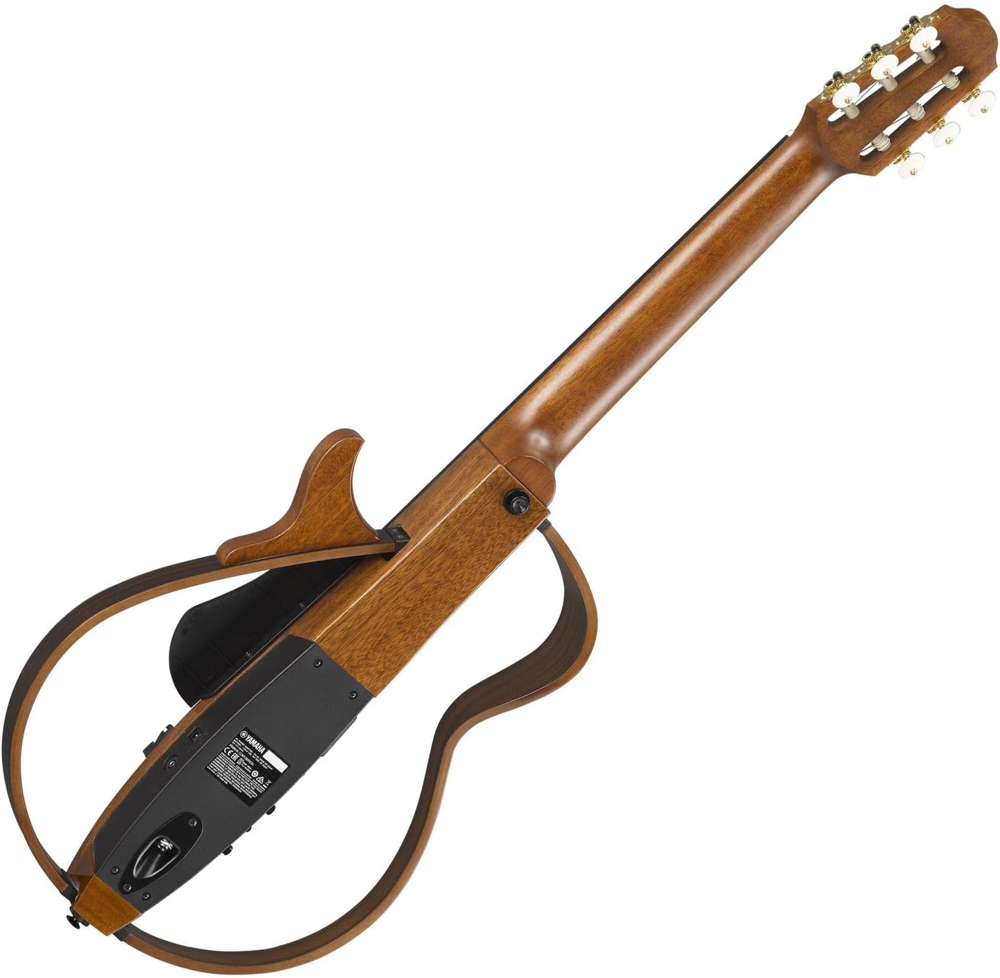 Parte traseira do violão elétrico Yamaha SLG200NW nylon natural com detalhes eletrônicos pretos