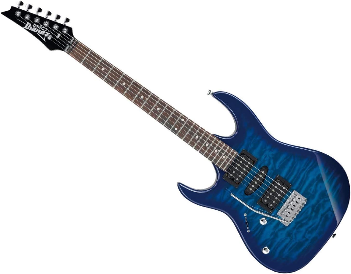 Guitarra elétrica Ibanez Gio GRX70QAL canhoto azul explosão transparente com braço escuro em fundo branco