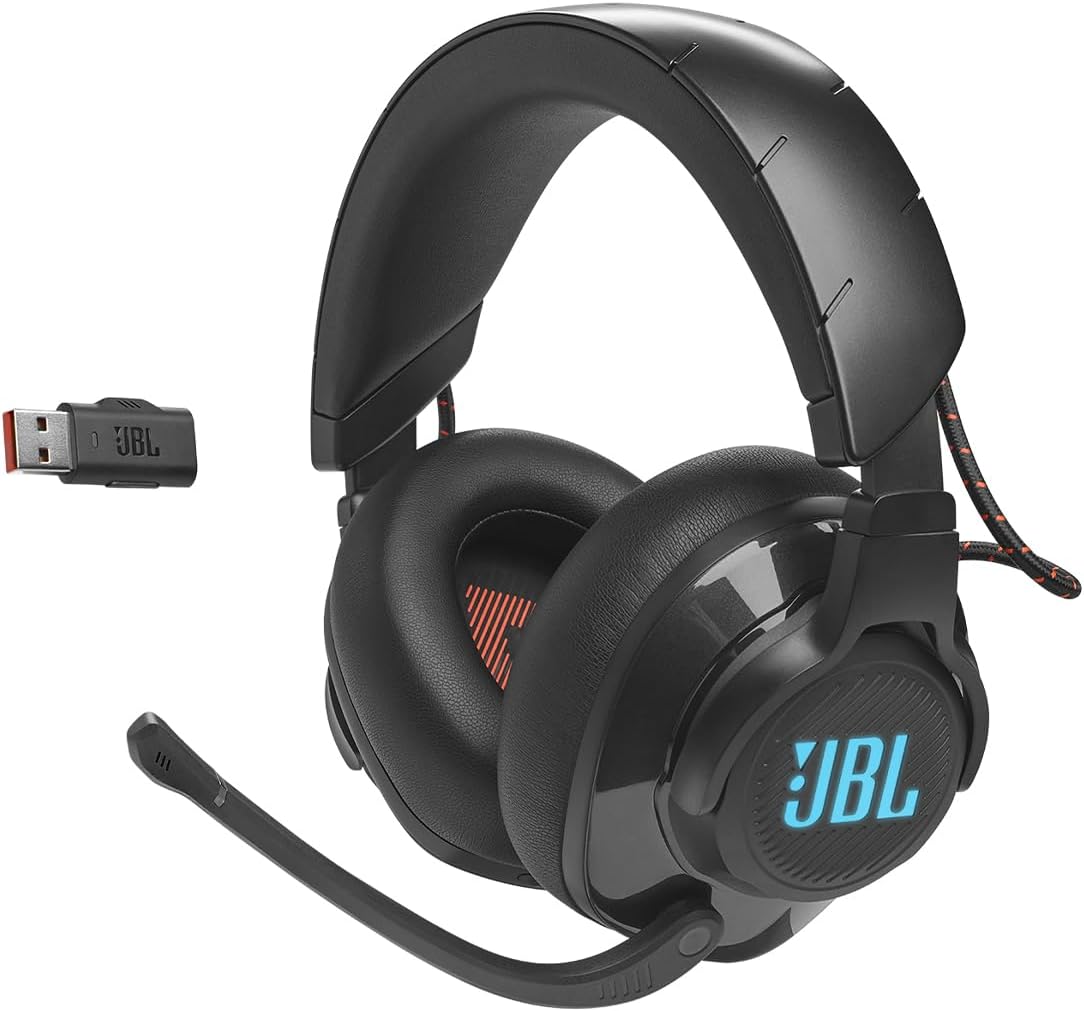 Headset gamer JBL Quantum 610 preto wireless com microfone e luz azul no logo