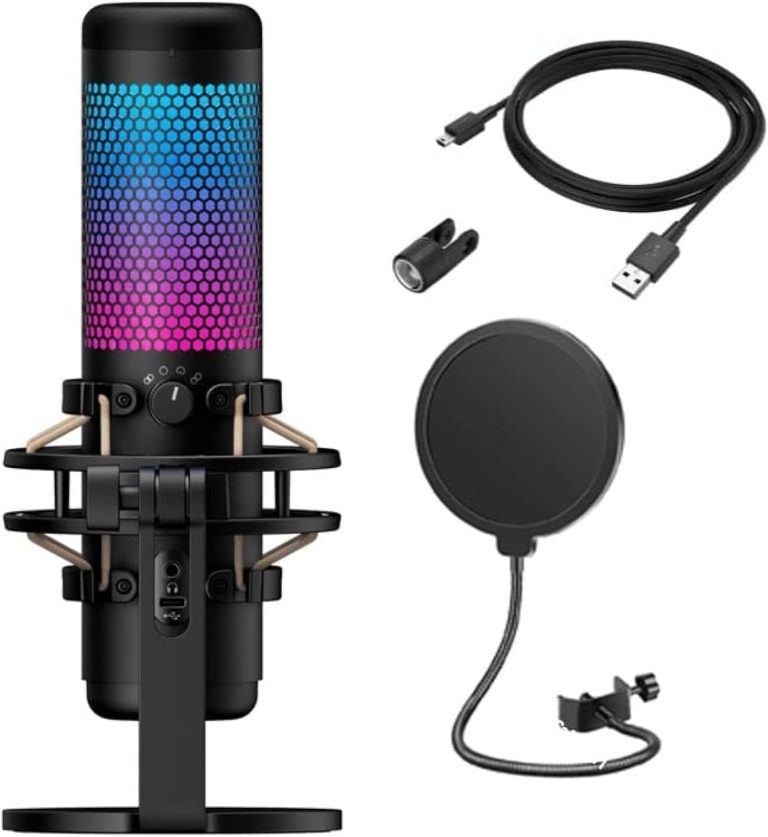 Microfone condensador USB HyperX QuadCast S com iluminação RGB personalizável, suporte antivibração, cabo USB e pop filter de malha dupla.