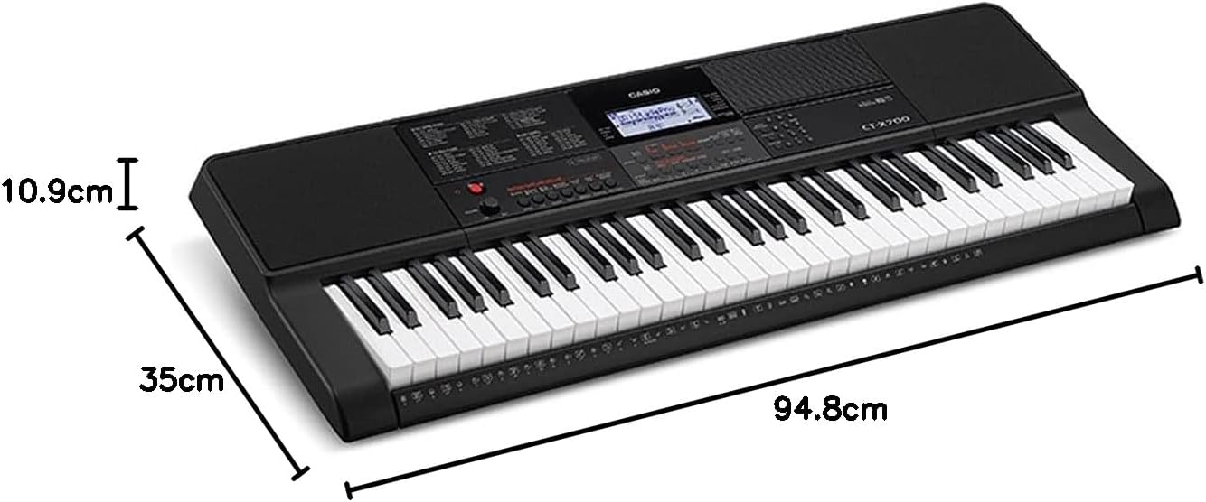 Teclado Casio CT-X700 preto com dimensões 94,8 cm largura, 35 cm profundidade e 10,9 cm altura, com 61 teclas sensíveis ao toque.
