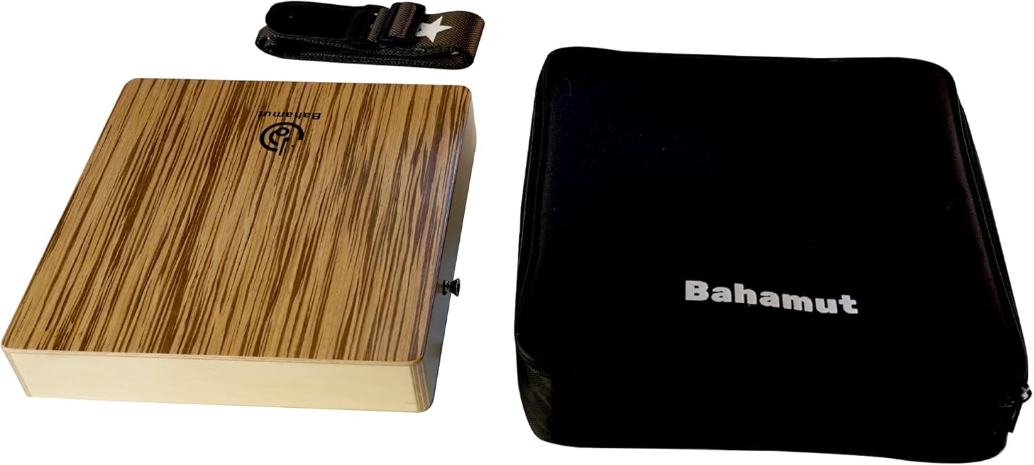 Conjunto cajon portátil Bahamut em madeira zebrawood com alça e capa protetora preta